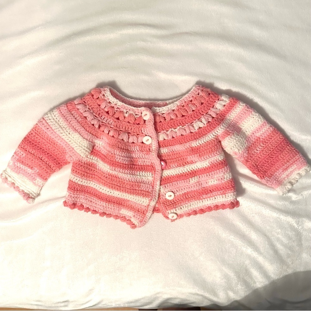 Vintage Handmade Pink Cardigan Sweater Shrug Crochet Hand Knit 24M Girl Baby